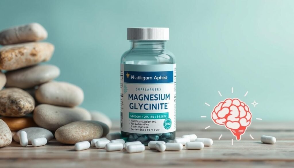 A bootle of magnesium Glycinate with pills on the side