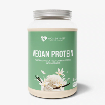 Image of a container of Women's Best Vegan Protein in vanilla flavor. This plant-based protein powder is designed to support muscle growth and maintenance, ideal for those seeking a vegan-friendly protein supplement.