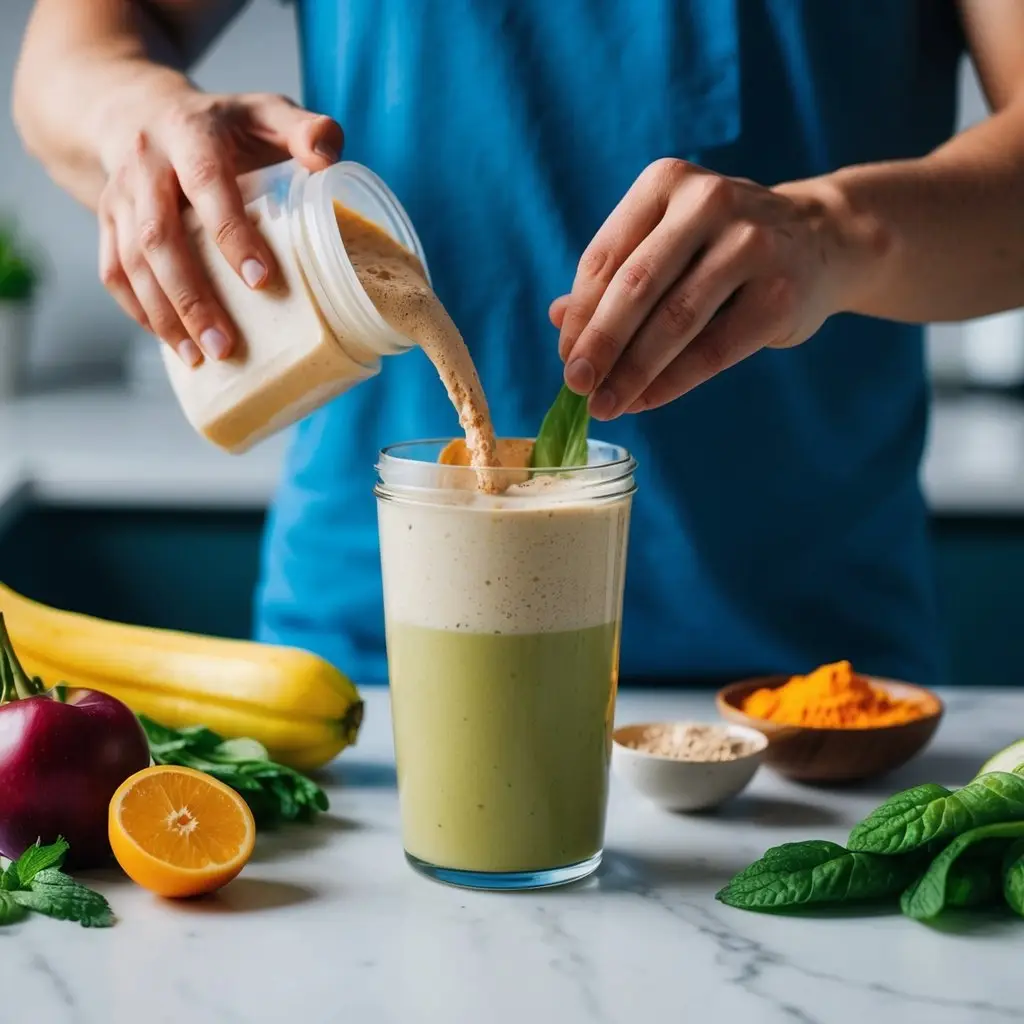 A person mixing vegan protein powder into a smoothie with fresh fruits and vegetables