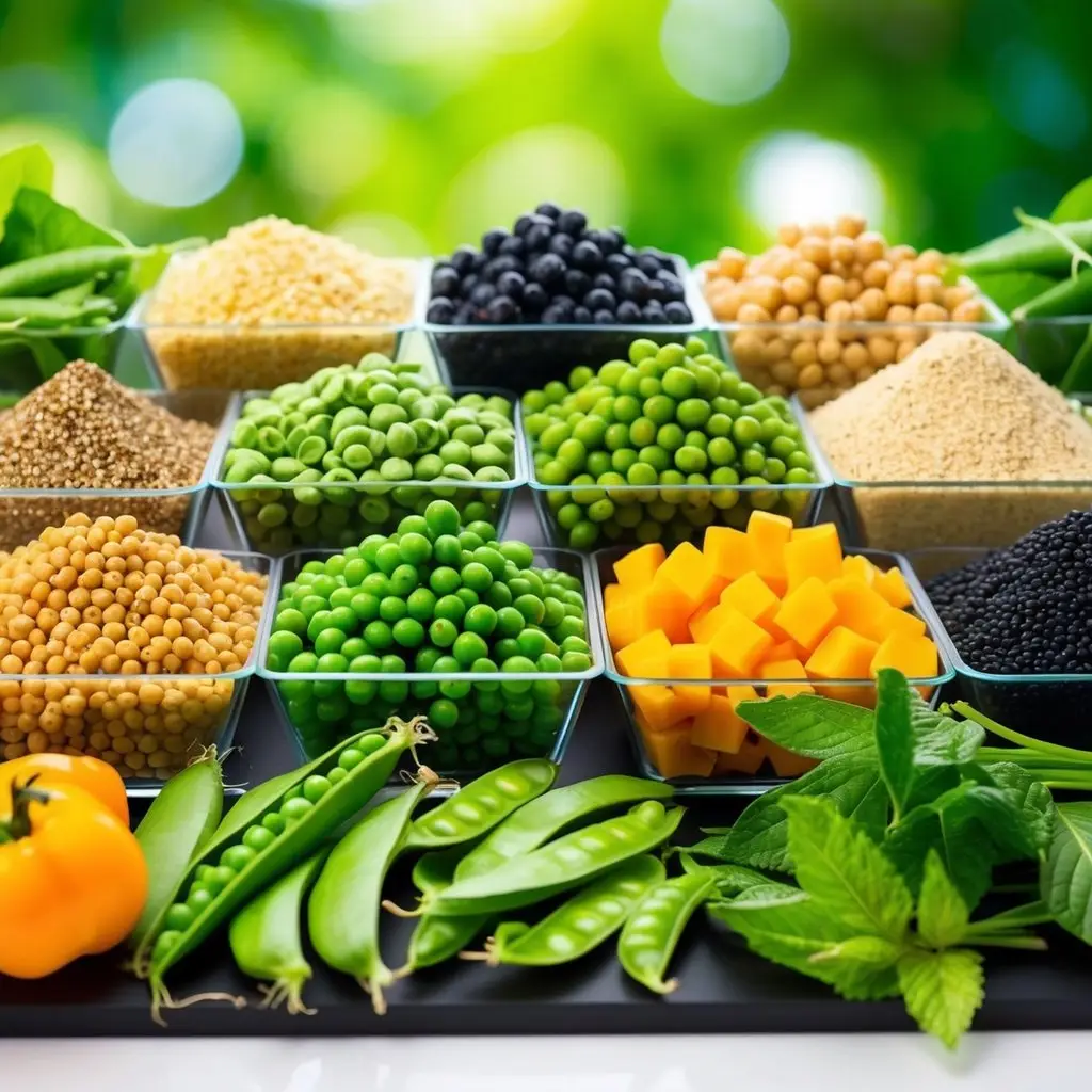 A variety of plant-based protein sources (such as peas, soy, and hemp) arranged in a colorful and appealing display