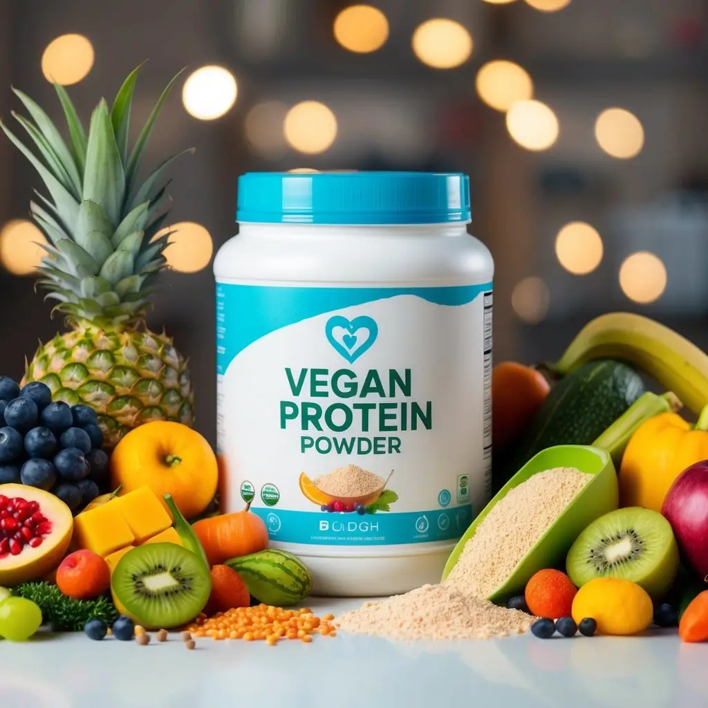 A colorful array of fruits, vegetables, and grains surrounding a container of vegan protein powder, with a digestive health symbol in the background